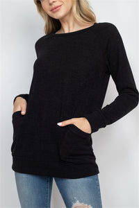 Knit Front Pocket Long Sleeve Top
